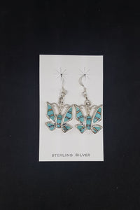 Native Butterfly inlay Turquoise White Fire Opal sterling silver dangle earrings