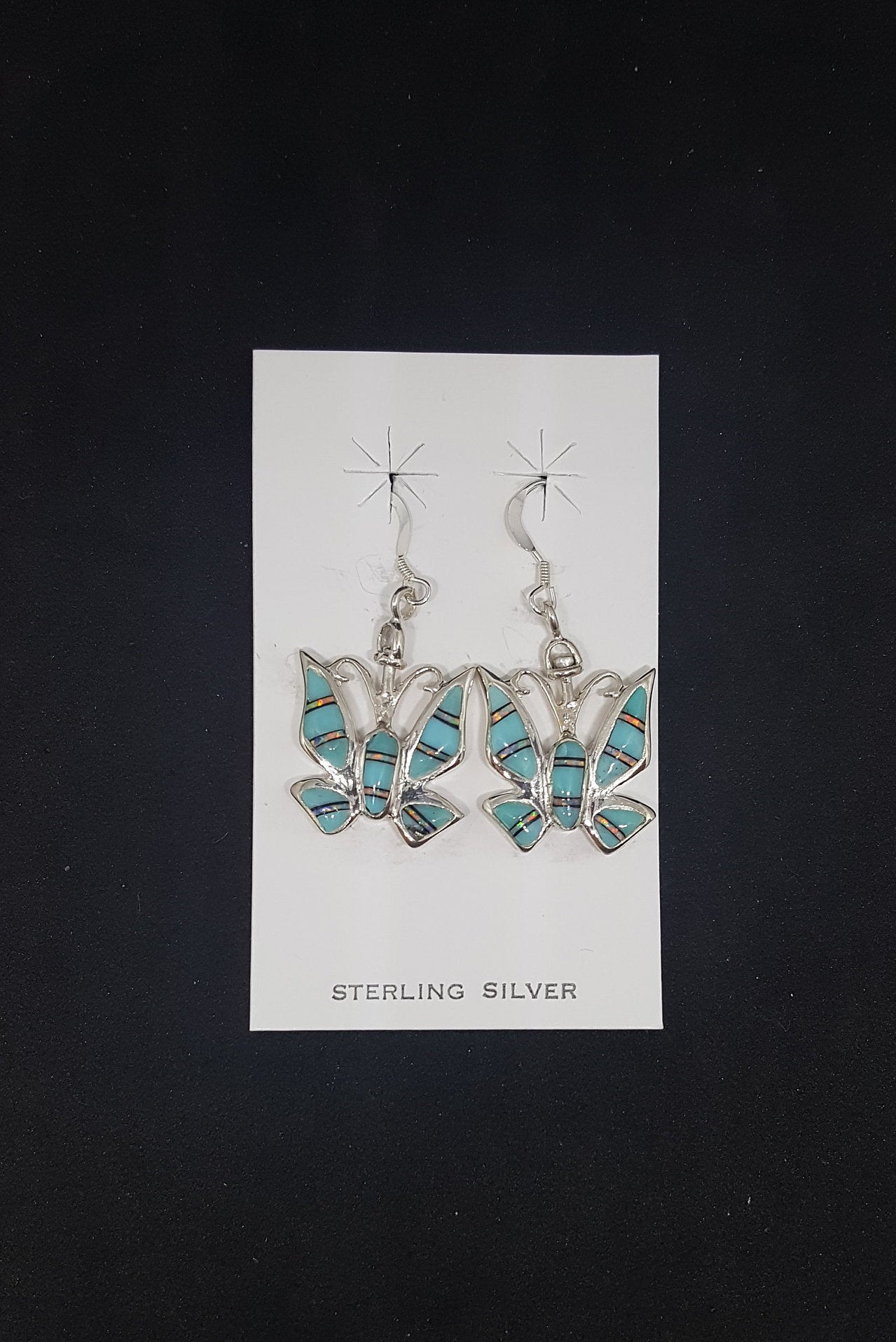 Native Butterfly inlay Turquoise White Fire Opal sterling silver dangle earrings