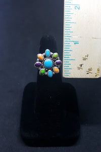Simple Colorful Cluster Turquoise Green Turquoise Purple Turquoise Spiny Oyster sterling silver ring size 6 1/2 - Vintage