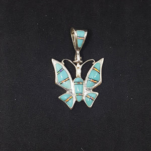 Native Butterfly inlay Turquoise White Fire Opal sterling silver pendant
