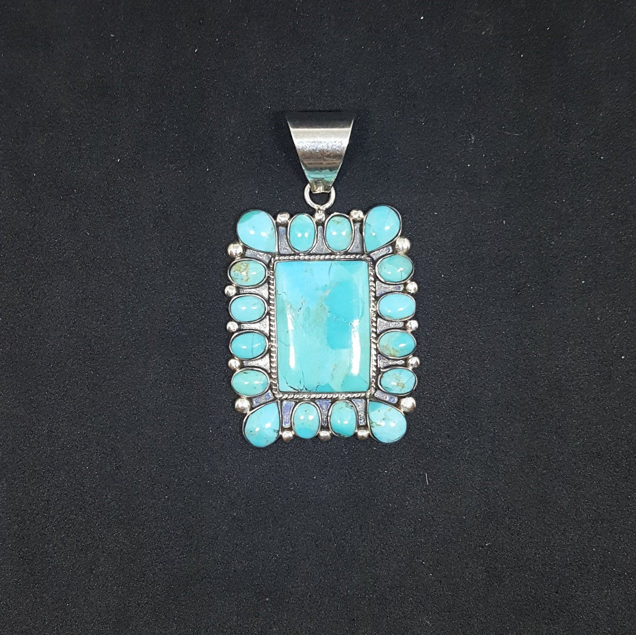 Large cluster Turquoise rectangle shape sterling silver pendant - Vintage