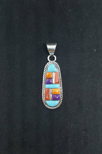 Inlay Turquoise Purple Turquoise Spiny Oyster symmetrical style sterling silver pendant - Vintage