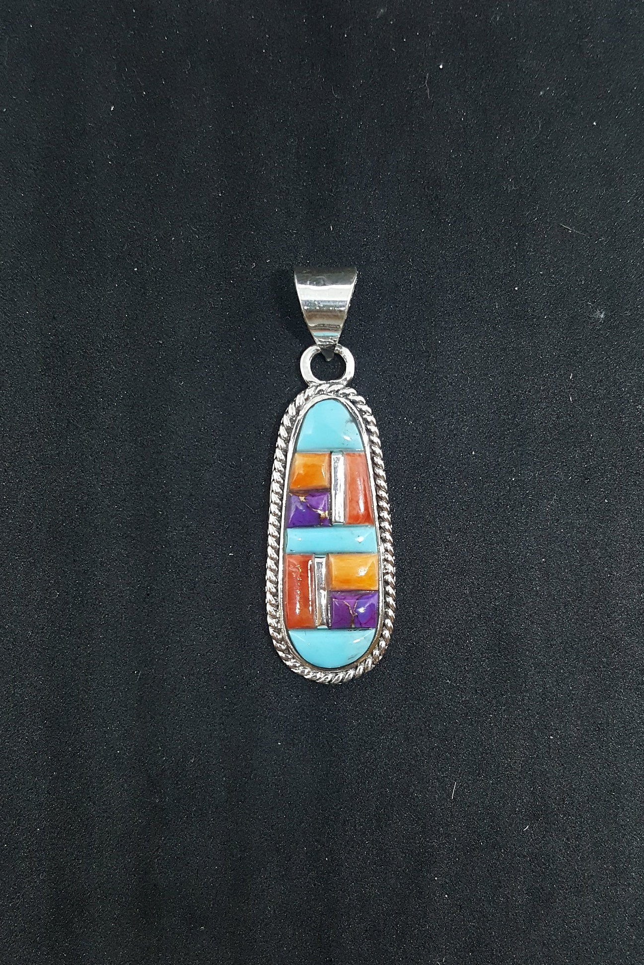 Inlay Turquoise Purple Turquoise Spiny Oyster symmetrical style sterling silver pendant - Vintage
