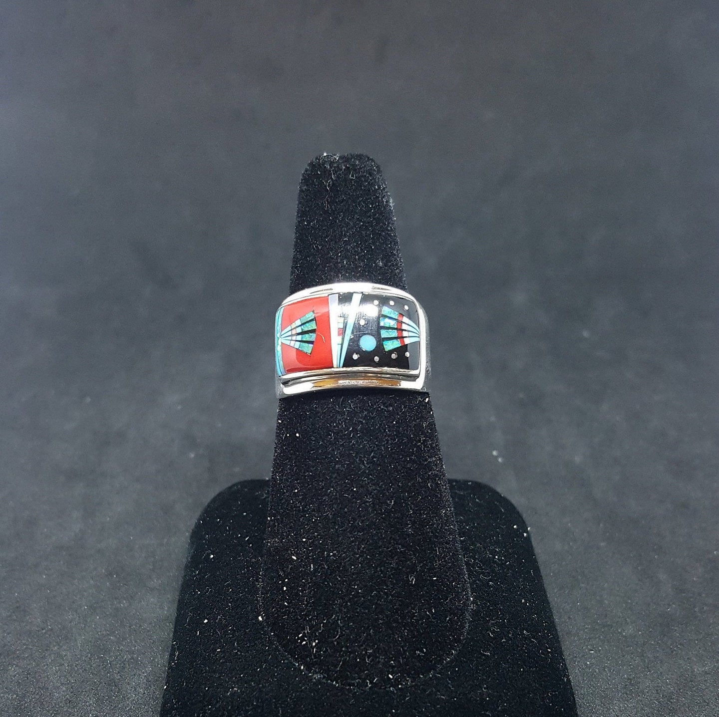 Size 9 1/2 - Native feather costume night sky micro- inlay multi-stones rectangle shape sterling silver ring