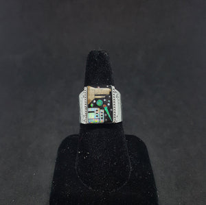 Size 10 3/4 - Native city and Mountain and night sky  Rectangle Micro-inlay multi-stone sterling silver ring
