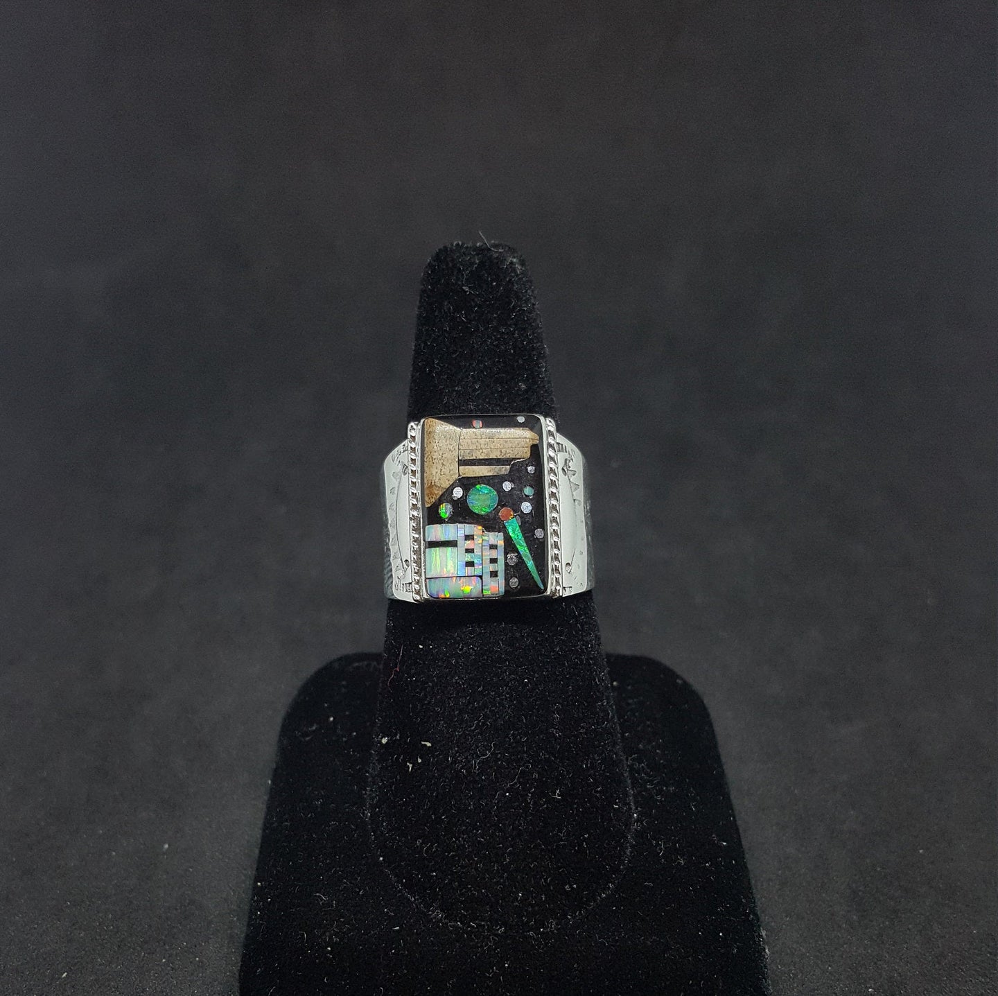 Size 10 3/4 - Native city and Mountain and night sky  Rectangle Micro-inlay multi-stone sterling silver ring