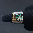 Size 10 3/4 - Native city and Mountain and night sky  Rectangle Micro-inlay multi-stone sterling silver ring