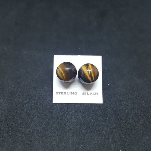 10 mm Sphere Tiger Eyes sterling silver stud earrings