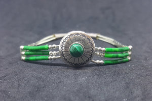 7 inches Round Malachite sterling silver beaded bracelet