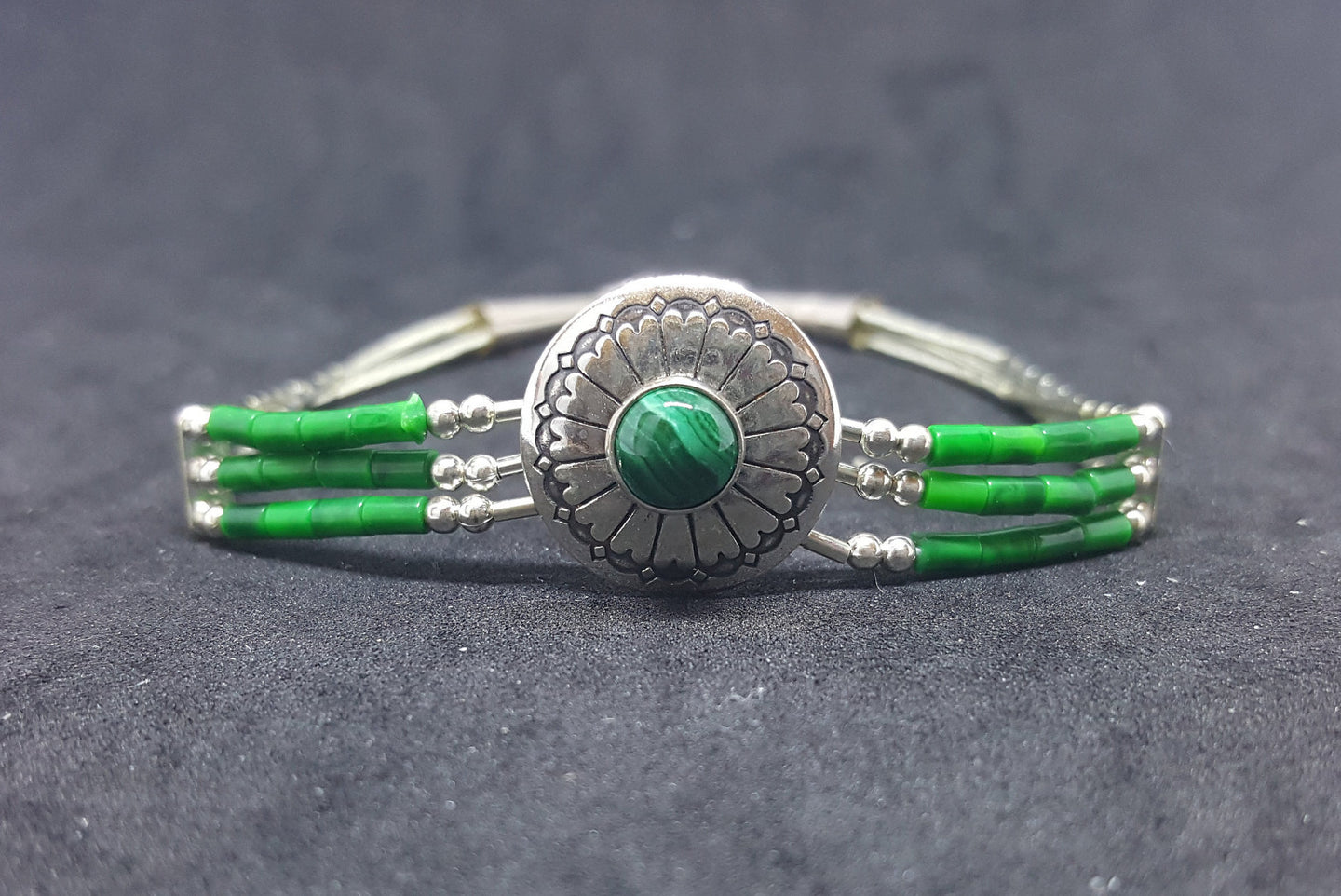 7 inches Round Malachite sterling silver beaded bracelet