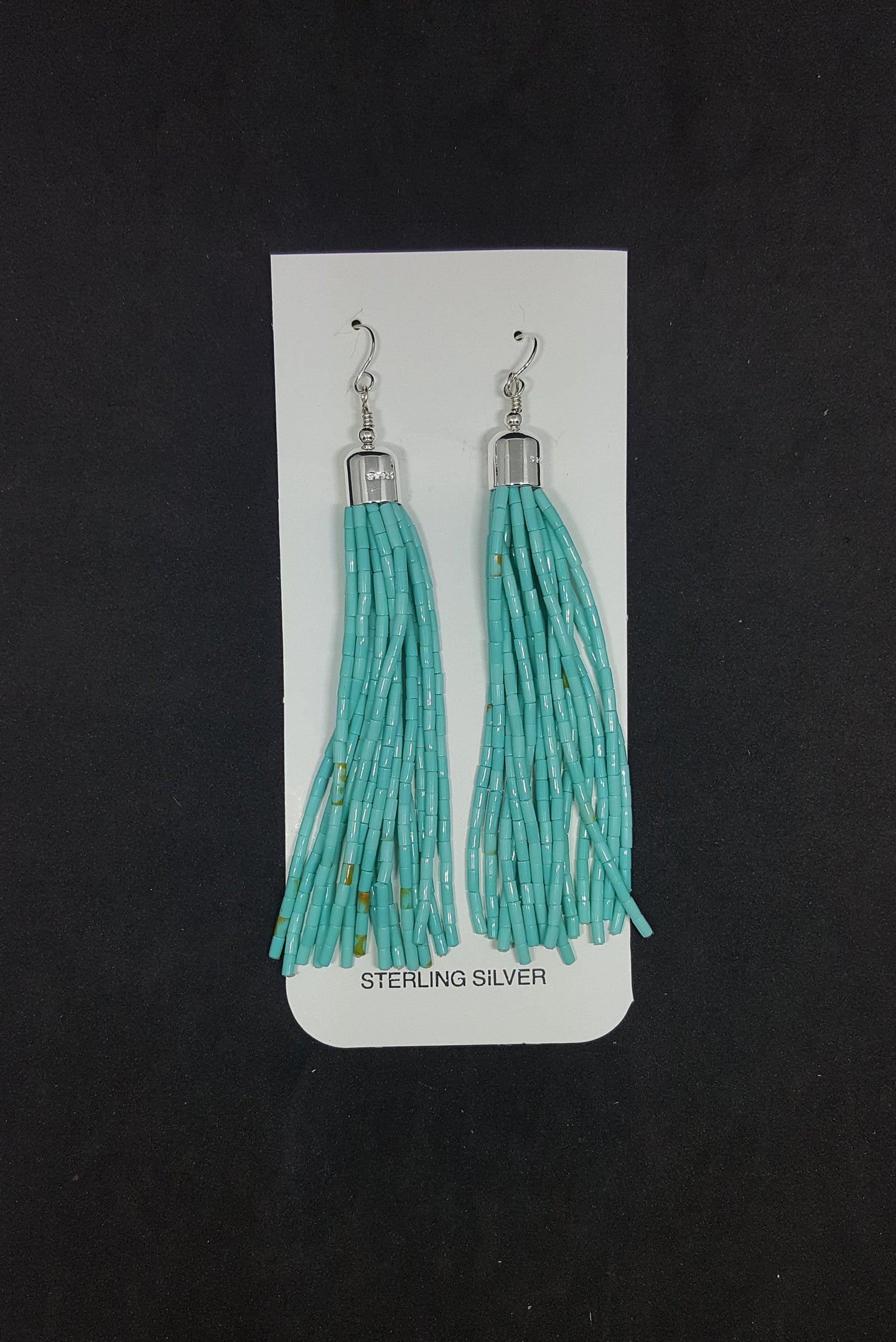 Tassel 15 strands Turquoise beaded medium length sterling silver dangle earrings
