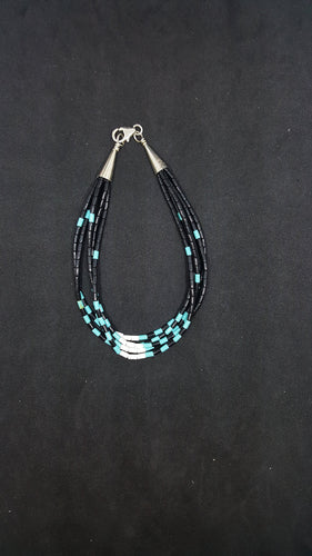 8 1/2 inches 5 strands Black Onyx Turquoise White Turquoise sterling silver beaded bracelet