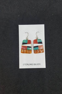 Southwest Inlay Kingman Turquoise Black Onyx Mother of Pearl Spiny Oyster rectangle shell sterling silver dangle earrings