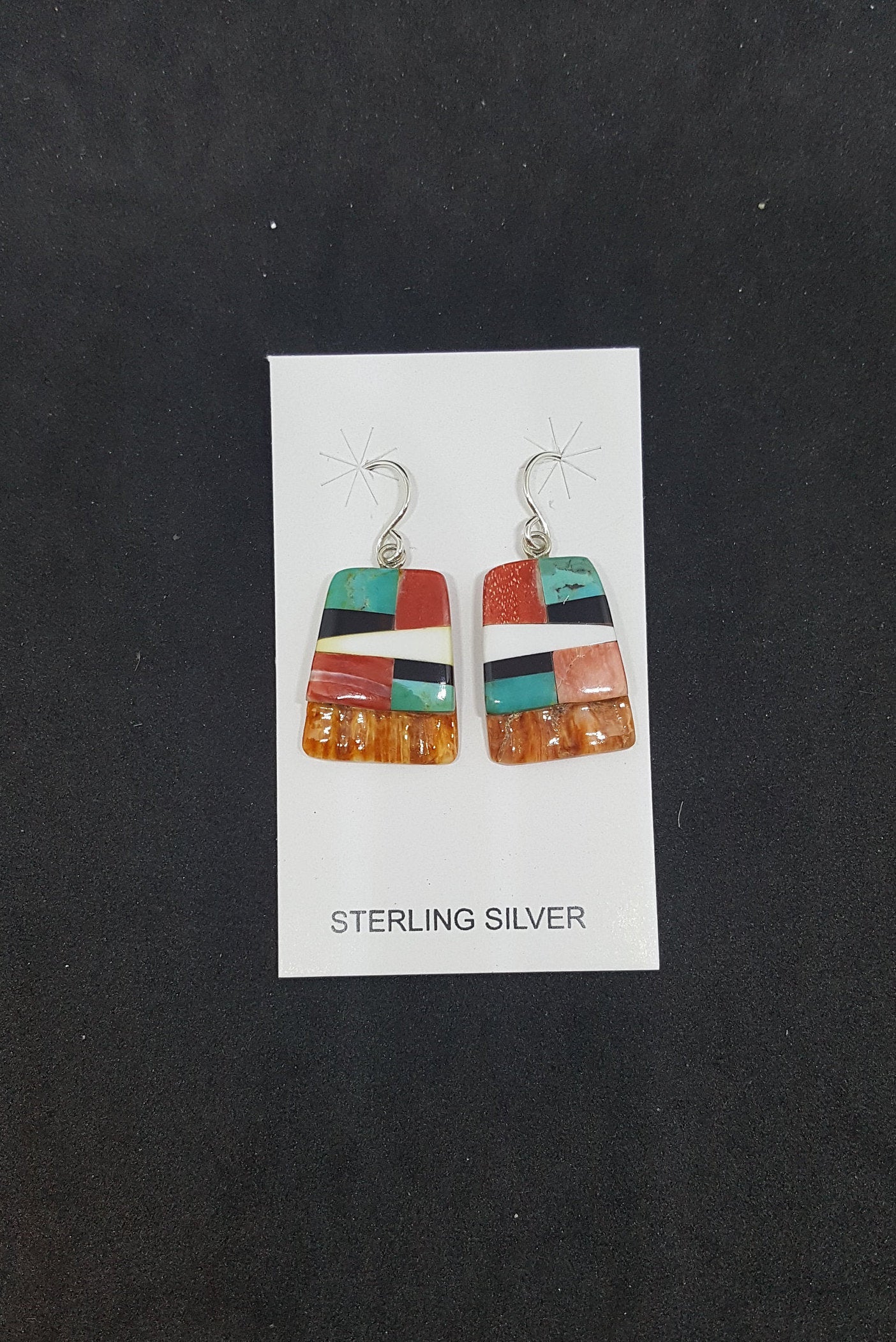 Southwest Inlay Kingman Turquoise Black Onyx Mother of Pearl Spiny Oyster rectangle shell sterling silver dangle earrings