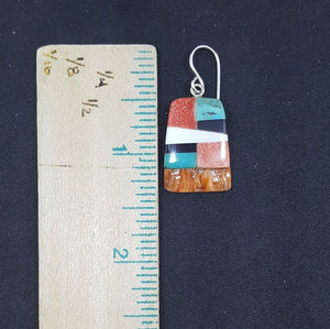 Southwest Inlay Kingman Turquoise Black Onyx Mother of Pearl Spiny Oyster rectangle shell sterling silver dangle earrings