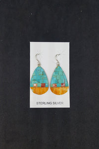 Southwest Bricks inlay Kingman Turquoise Spiny Oyster oval shape shell sterling silver dangle earrings