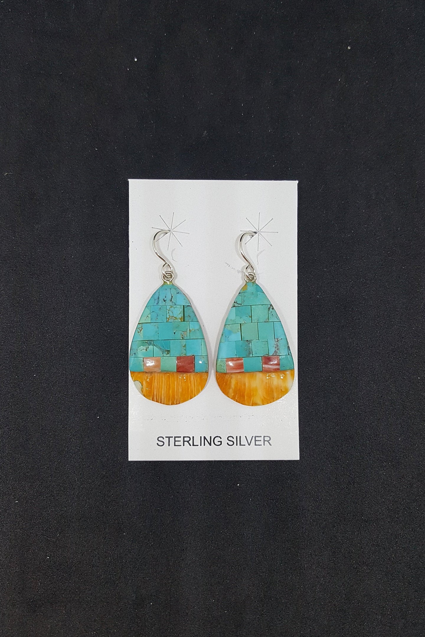 Southwest Bricks inlay Kingman Turquoise Spiny Oyster oval shape shell sterling silver dangle earrings