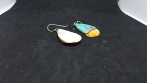 Southwest Bricks inlay Kingman Turquoise Spiny Oyster oval shape shell sterling silver dangle earrings