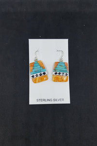 Southwest Heaven stairs  Inlay Kingman Turquoise Black Onyx White Turquoise Spiny Oyster rectangle shell sterling silver dangle earrings
