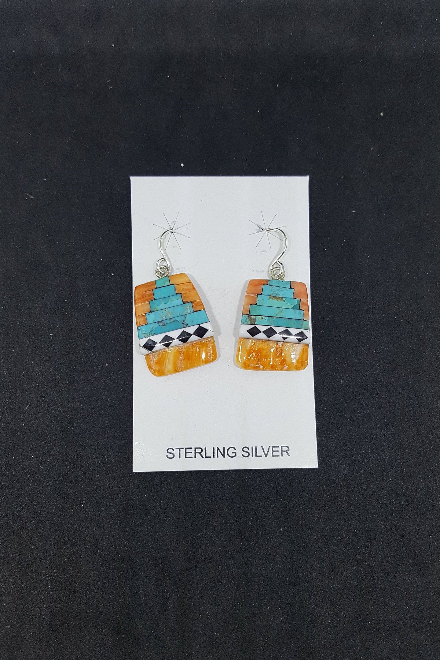 Southwest Heaven stairs  Inlay Kingman Turquoise Black Onyx White Turquoise Spiny Oyster rectangle shell sterling silver dangle earrings