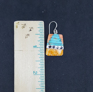 Southwest Heaven stairs  Inlay Kingman Turquoise Black Onyx White Turquoise Spiny Oyster rectangle shell sterling silver dangle earrings