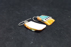 Southwest Heaven stairs  Inlay Kingman Turquoise Black Onyx White Turquoise Spiny Oyster rectangle shell sterling silver dangle earrings