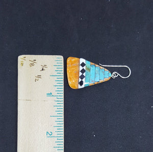 Southwest Heaven stairs  Inlay Kingman Turquoise Black Onyx White Turquoise Spiny Oyster triangle shell sterling silver dangle earrings