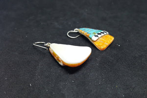 Southwest Heaven stairs  Inlay Kingman Turquoise Black Onyx White Turquoise Spiny Oyster triangle shell sterling silver dangle earrings