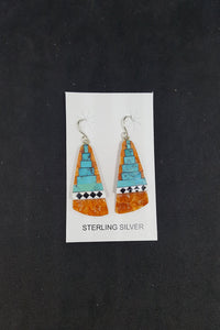 Southwest Heaven stairs  Inlay Kingman Turquoise Black Onyx White Turquoise Spiny Oyster triangle shell sterling silver dangle earrings