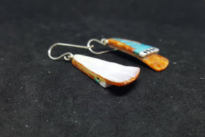 Southwest Heaven stairs  Inlay Kingman Turquoise Black Onyx White Turquoise Spiny Oyster triangle shell sterling silver dangle earrings