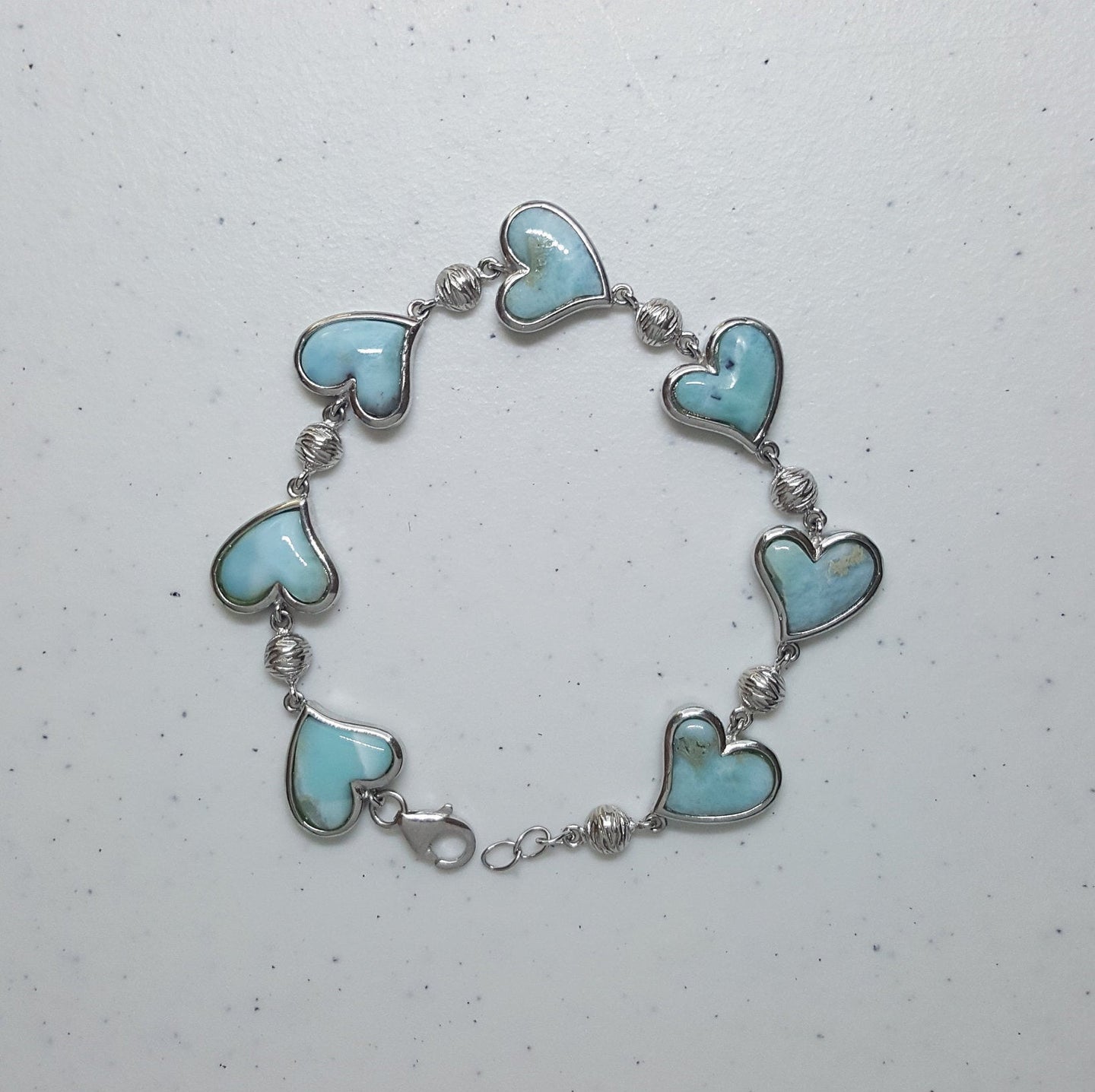 Little Heart Natural Larimar with round beads sterling silver chain bracelet