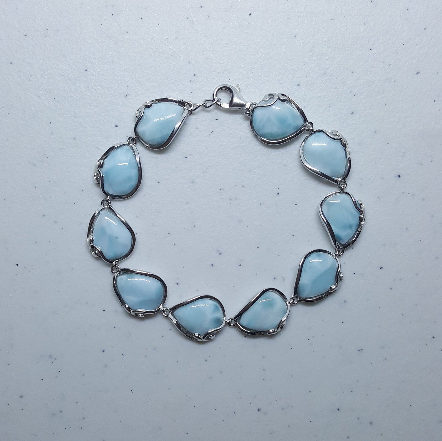 Blue Larimar Wavy pattern teardrop shape sterling silver chain bracelet