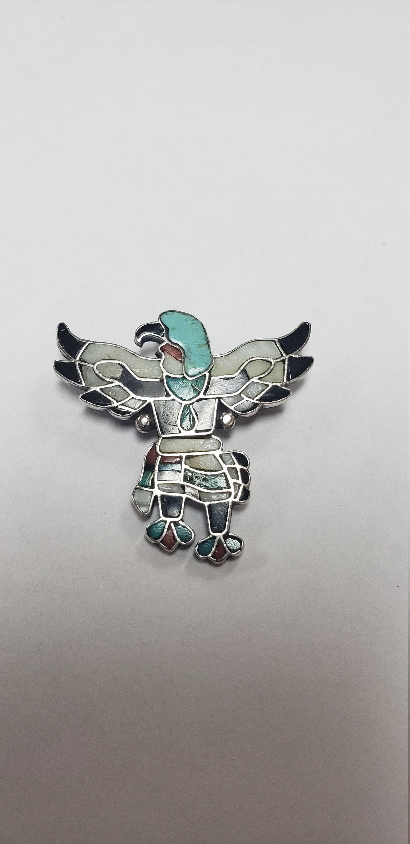 Zuni inlay kachina pendant pin. Only, mother of pearl, turquoise coral, sterling silver