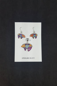 Set The Baby Bear White Fire Opal Purple Turquoise Spiny Oyster sterling silver dangle earrings and pendant