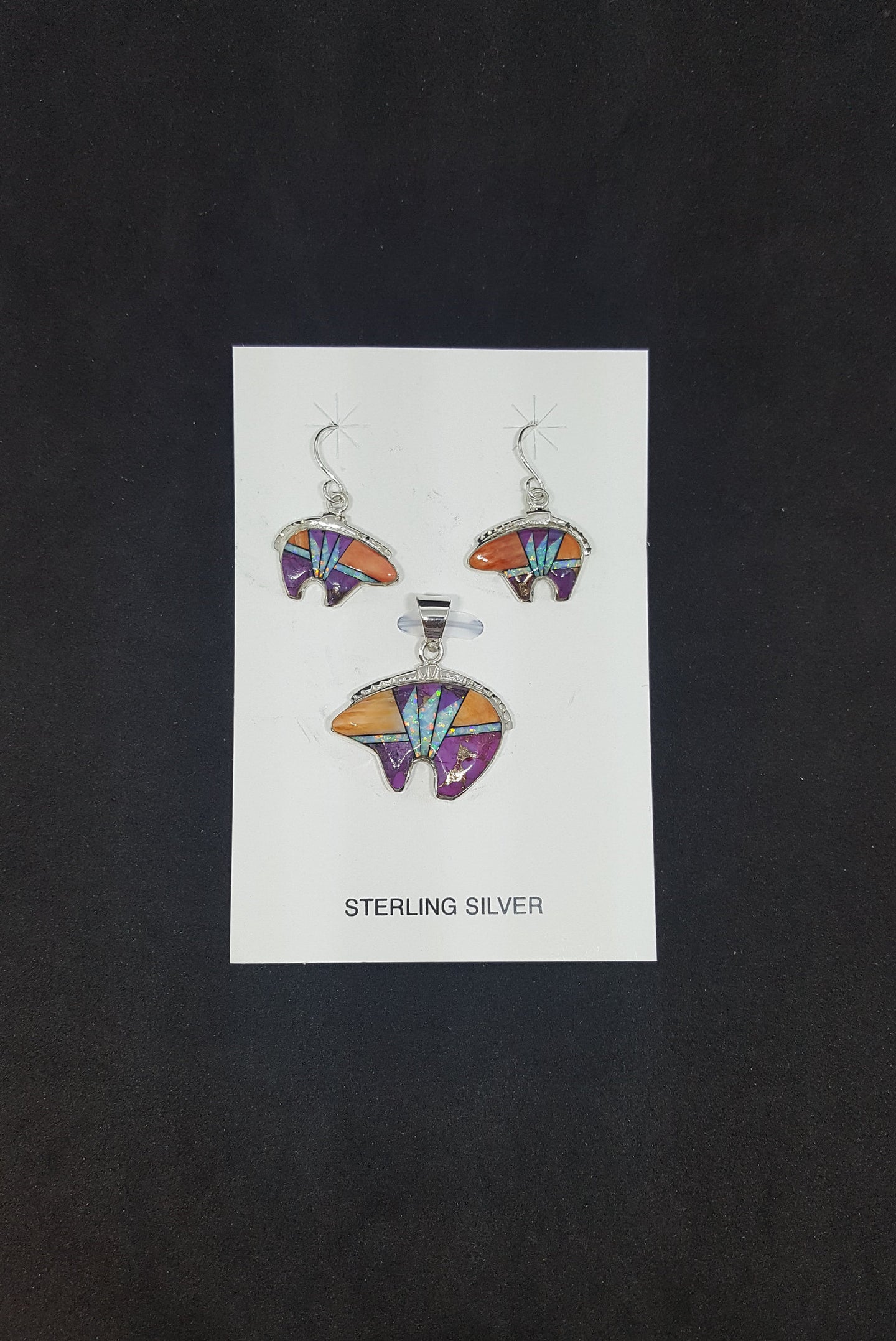 Set The Baby Bear White Fire Opal Purple Turquoise Spiny Oyster sterling silver dangle earrings and pendant