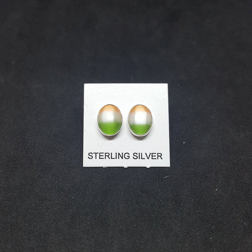 9x7mm Ireland Flag Oval Fiber Optic Stone sterling silver stud earrings