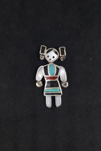 Native lady Inlay Mother of Pearl Turquoise Black Onyx Coral sterling silver pin - Vintage