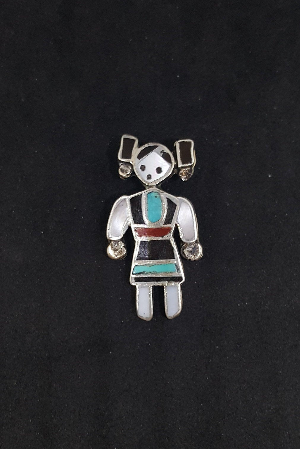 Native lady Inlay Mother of Pearl Turquoise Black Onyx Coral sterling silver pin - Vintage