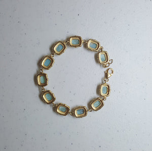 Stone on Crown Rectangle Natural Larimar with micro CZ  gold plated sterling silver chain bracelet