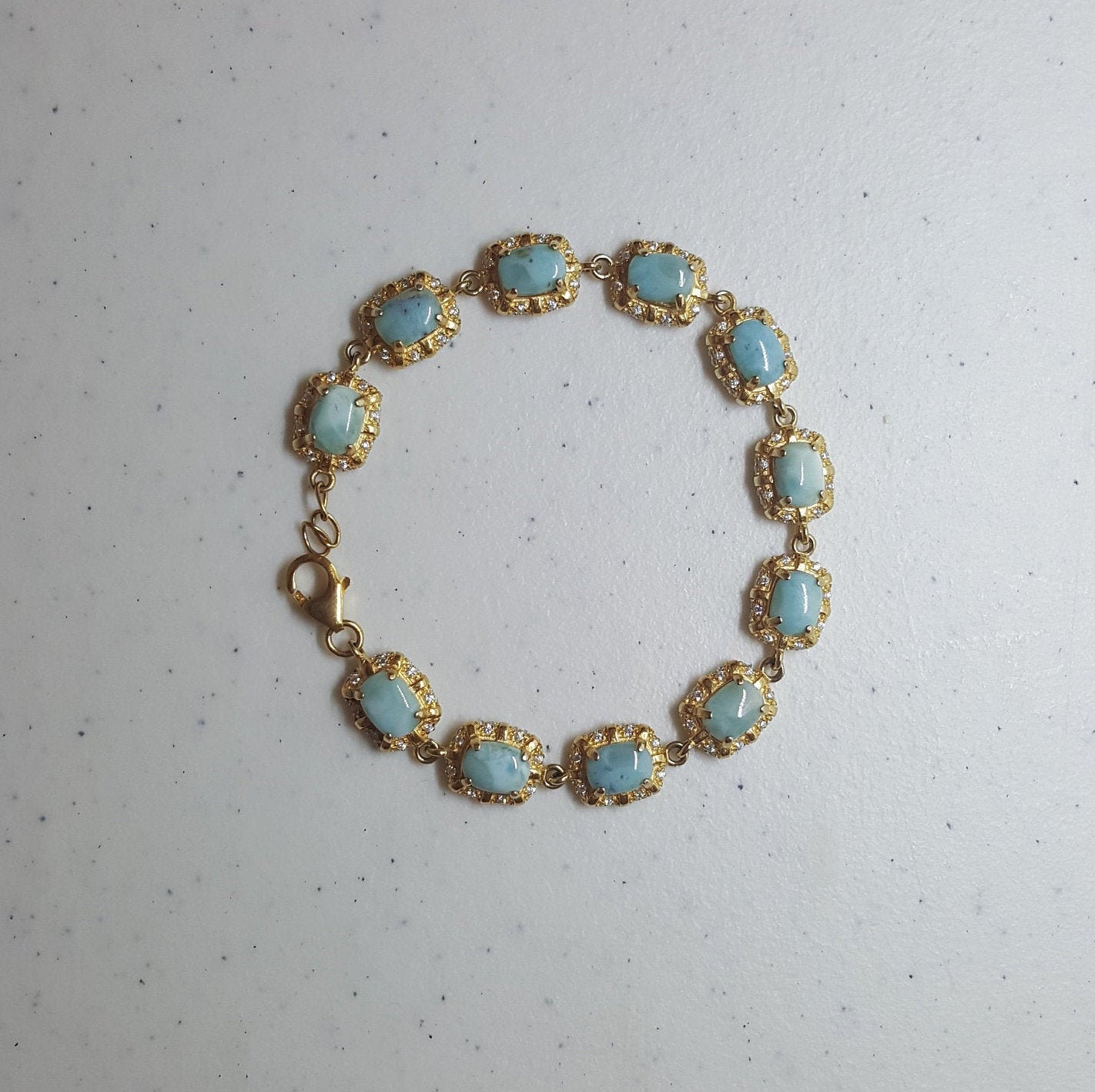 Stone on Crown Rectangle Natural Larimar with micro CZ  gold plated sterling silver chain bracelet