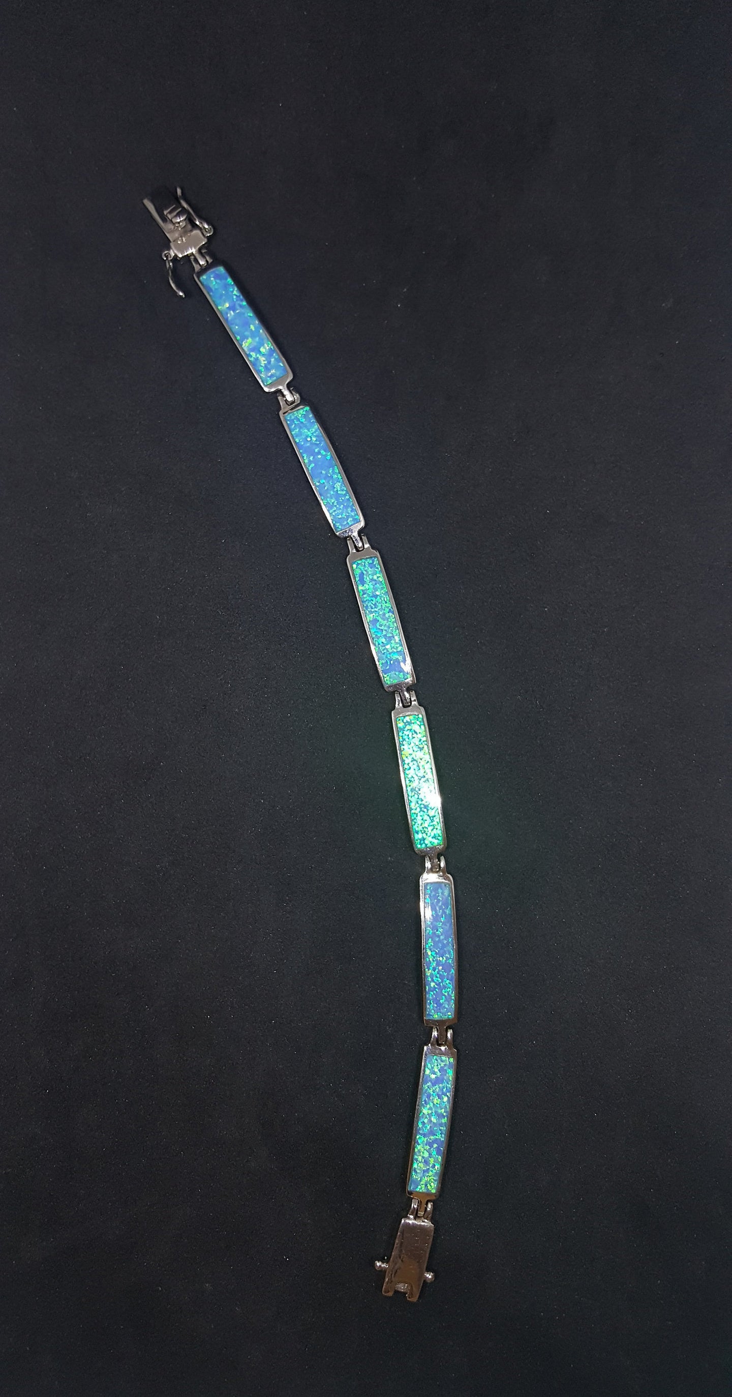 Simple thin Blue Fire Opal rectangle shape sterling silver link bracelet