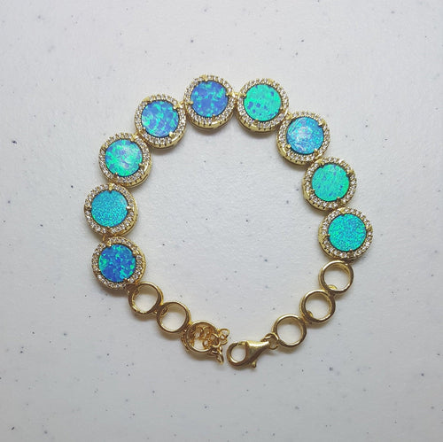 9mm Round Blue Fire Opal micro CZ gold plated sterling silver chain bracelet