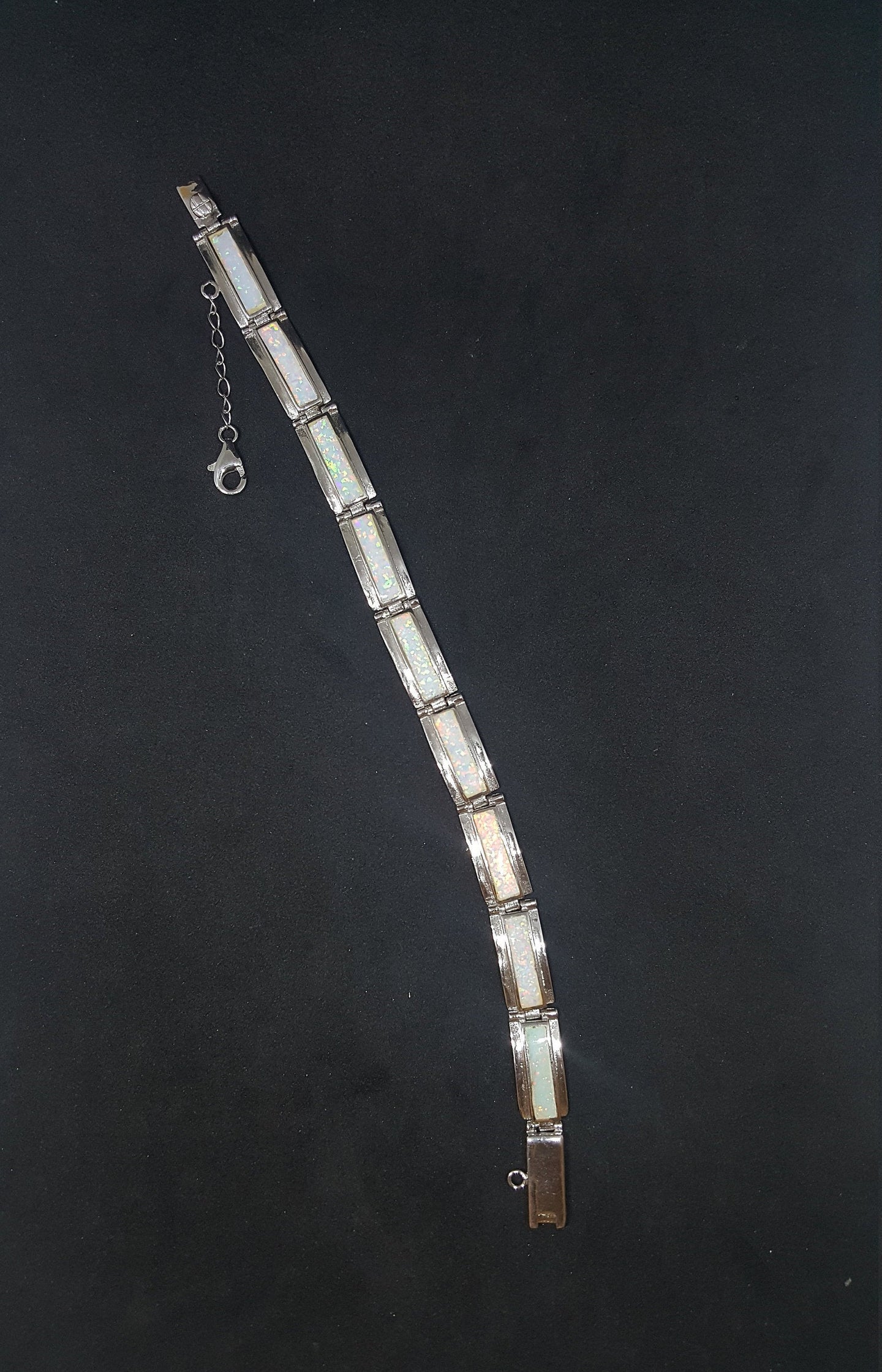 Simple White Fire Opal rectangle shape sterling silver link bracelet