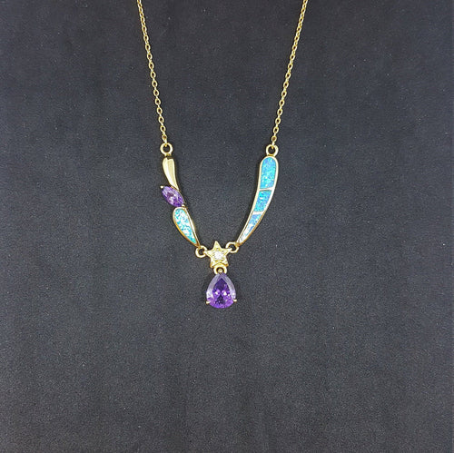 Blue Fire Opal and  Amethyst  Teardrop star with Marquise shape  gold plated sterling silver pendant necklace