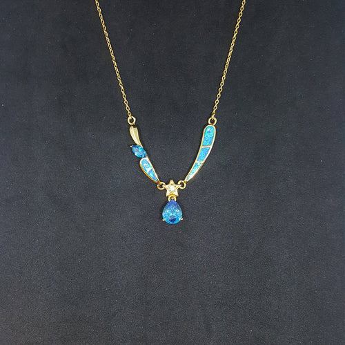 Blue Fire Opal and Topaz Teardrop star with Marquise shape  gold plated sterling silver pendant necklace