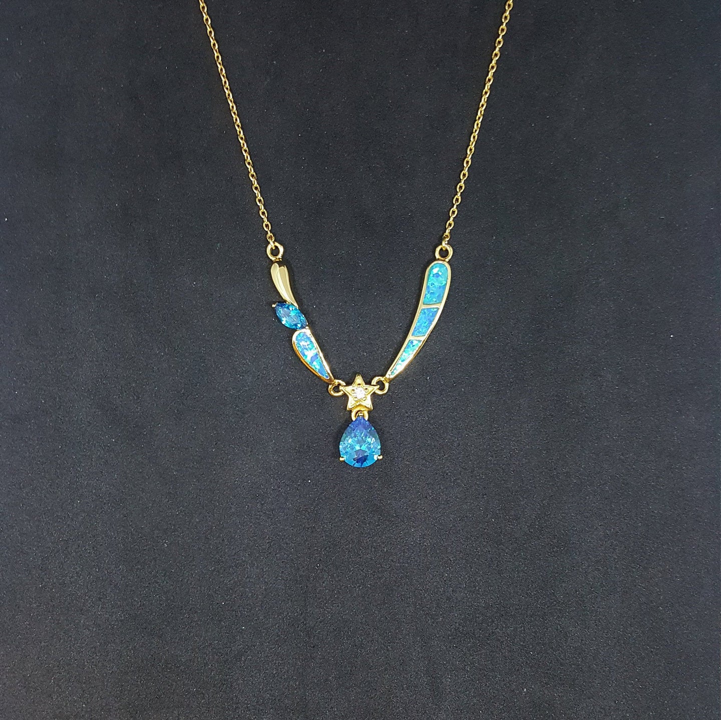 Blue Fire Opal and Topaz Teardrop star with Marquise shape  gold plated sterling silver pendant necklace