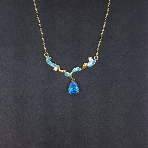 Blue Fire Opal and Topaz Teardrop star with CZ round shape  gold plated sterling silver pendant necklace