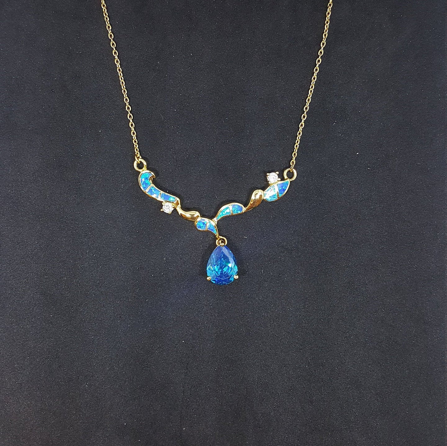 Blue Fire Opal and Topaz Teardrop star with CZ round shape  gold plated sterling silver pendant necklace