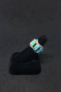 Size 8 1/2 - Vintage Inlay Random Shape Stones Turquoise Coral Lapis Black Onyx sterling silver ring Signed BT