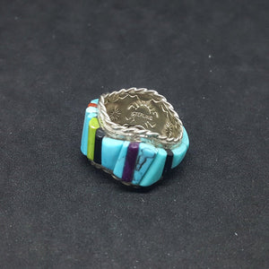 Size 8 1/2 - Vintage Inlay Random Shape Stones Turquoise Coral Lapis Black Onyx sterling silver ring Signed BT